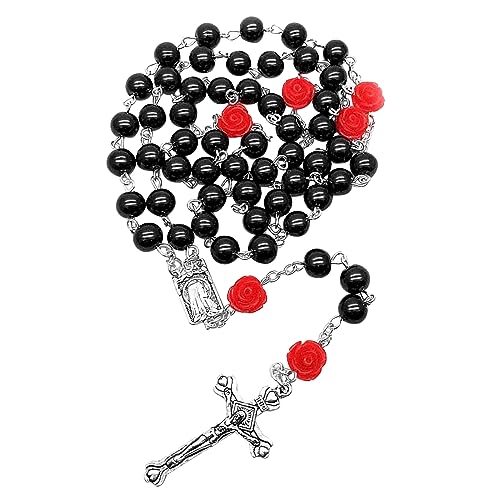 ユニークな数珠ネックレスガラスビーズローズフラワー鎖骨チェーンカトリックジュエリー宗教ロザリオ。, Length 70cm, ガラスパール、合金。, 宝石なし