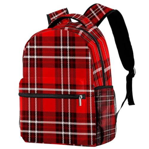 Sac à dos d'école écossais rouge multicolore pour fille garçon et ado 29.4x20x40cm