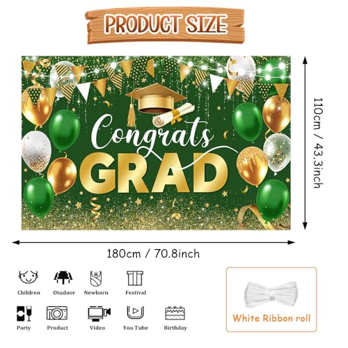 Image of AIBIIN Graduation Decorations 2026 Congrats Grad Backdrop Green Gold Glitter Balloons Congratulations Graduation Party Decorations Background for Photography Party Supplies 70.8x43.3 Inch