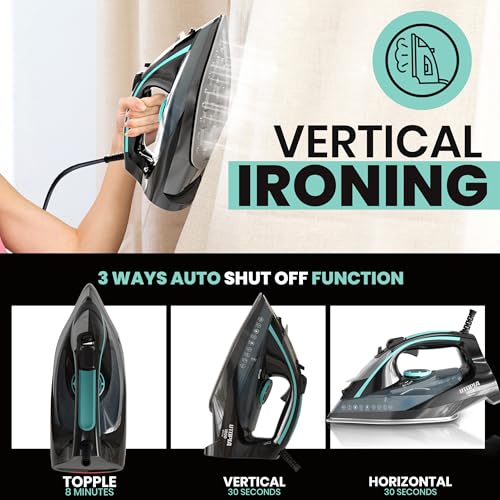 Utopia Home Steam Iron for Clothes - Non-Stick Soleplate - 1800W Clothes Iron With Auto-Off Safety Feature - Adjustable Thermostat Control, Variable Steam Control, Self-Clean, 8 Feet Cord (Black/Teal) by Utopia Home - Image 4