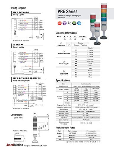 PREF-102-R, LED Stack Tower Light, 56mm red Color 1 Stack Modular, Steady/Flash, Pole mounting Beige Body, 25