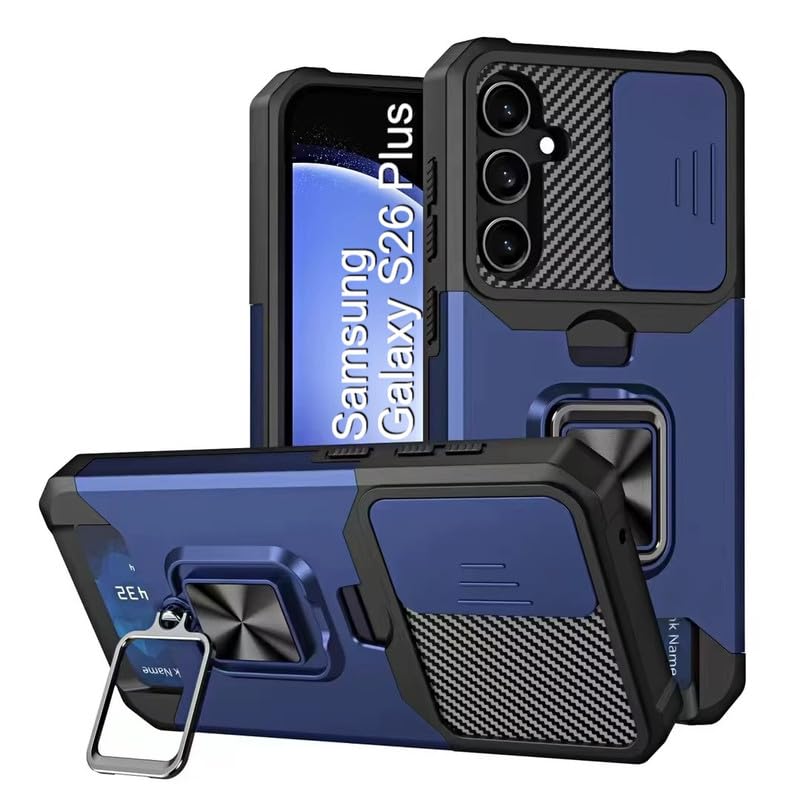 Image of LuxuryKase Shockproof Armor Case for Samsung Galaxy S26 Plus | Slide Camera Cover | Hidden Card Slot | Rotating Ring Kickstand | Magnetic Car Mount Support | Military Grade Protection - Blue