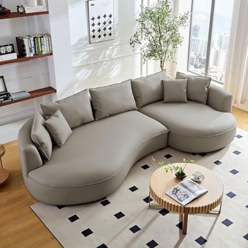 Image of Modern Curved White Sofa Couch with Plush Pillows - 4 Seater Upholstered Living Room Sofa | Contemporary Minimalist Design for Home, Office & Lounge.