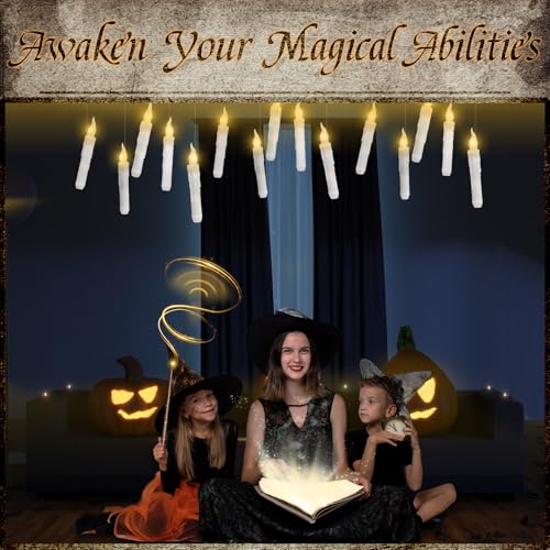 Meschett Floating Candles with Wand Remote,12 Pcs Magic Hanging Flickering Flameless Candles,Warm Light Taper LED Candles Christmas Decor,Battery Operated Window Candle Set for Halloween Decorations - Image 5