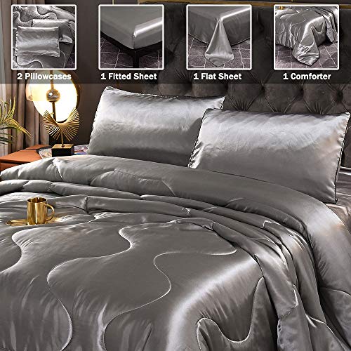 Sisher 5 Pcs Grey Silk Comforter Queen, Silver Bedding Set Soft, Luxury Satin Bed Sets Bed In A Bag(1 Comforter, 2 Pillowcases, 1 Flat Sheet, 1 Fitted Sheet) #TOP1