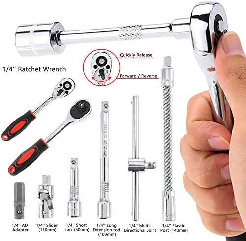 TOPAUP 46-Piece 1/4" Drive Socket Wrench Set with Extension Bars, Flexible Rods, Quick Release Reversible Ratchet - Metric Tool Kit for Car Maintenance, DIY and Repairs