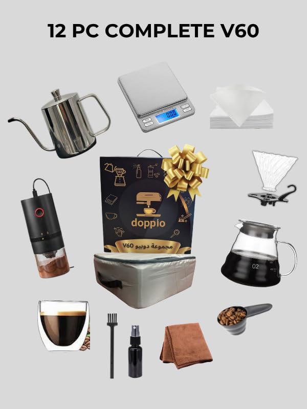 Image of DOPPIO V60 Coffee Maker Dripper Set, 13-Pcs Pour Over Coffee Maker Brewing Set with 600ml Glass, Gooseneck Kettle, V60 Glass, Dripper & Carry Case,Gift-Grey (Premium Kit) for Home,Office & travelling