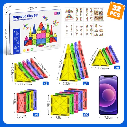 Magnetische Bausteine mit Metallbox: 32-teiliges für Kinder 3-8 Jahren – Ansicht 6