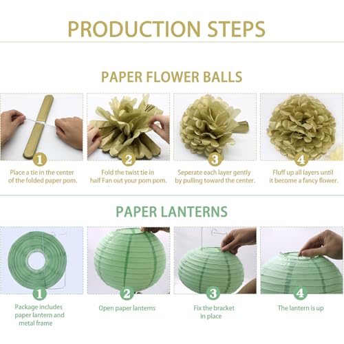 Image of KAXIXI 15pcs Hanging Party Decorations Set, Sage Green Gold Paper Flowers Pom Poms Balls and Paper Lanterns for Rustic Party Bridal Shower Wedding Sage Green Birthday Party Supplies, LanternPomPom008