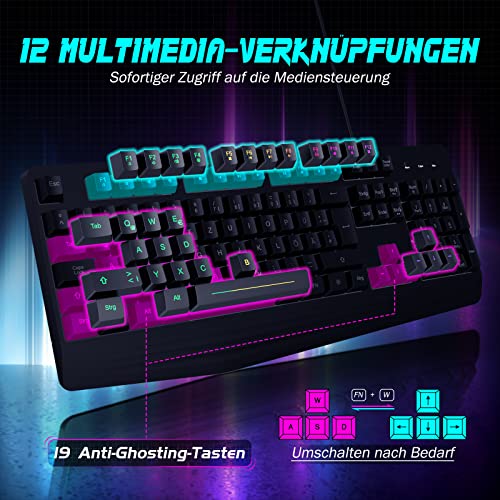Gaming Tastatur PC, PS4 Tastatur USB, Regenbogen Beleuchtete Tastatur LED, Langlebig, Ergonomisch, Wasserdicht, Leise Tasten, Gaming Keyboard ideal für PC Mac Xbox PS4 Gamer|Büro(Deutsches Layout) – Bild 4