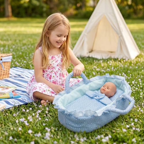 Moisés para muñecas de 30 cm con cuna azul de corazón y accesorios 4