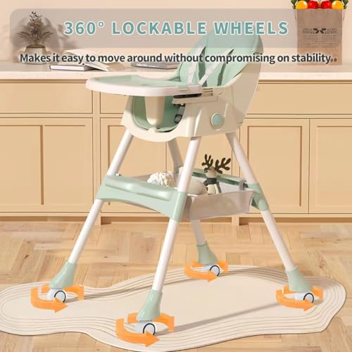 Image of High Chairs for Babies and Toddlers, 4 in 1 Convertible Baby High Chair, Portable High Chair for Travel with Adjustable Height and Back, Foldable HighChair with Wheels& Pu Cushion