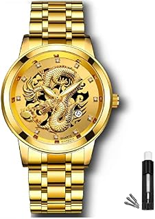 FOWAWU Quartz Mens Watches,3D Gold Dragon Diamond Watches for Men, Auto Date Classic Stainless Steel Men's Wrist Watches,Luminous 30M Waterproof Business Mens Wrist Watches