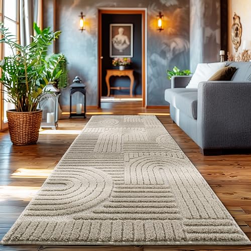 HomebyHome Kurzflor Teppich Läufer 80 x 250 cm Beige Hoch-Tief 3D Effekt Teppich Waschbar, Flauschig und Extra Weich - Skandinavisch Boho Muster Teppich für Wohnzimmer, Schlafzimmer und Küche
