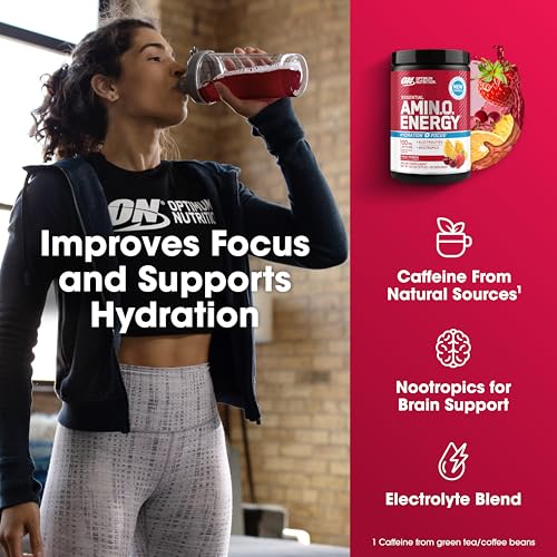 Image of Optimum Nutrition Amino Energy Powder Plus Focus, with BCAA, Electrolytes, and Caffeine, Fruit Punch, 30 Servings (Packaging May Vary)