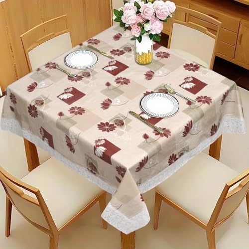 Image of Dakshya Industries PVC Waterproof Square Table Cover 48x48 Inch for 4 Seater Dining Table | Floral Printed Oilproof Stain Resistant Washable Plastic Table Cover, Love