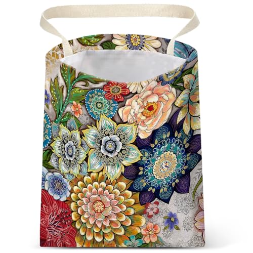 Image of Boho Floral Car Trash Bags - Hanging, One-handed Strap, Cute Printed, Small Garbage Bags for Car Back Seat Accessories