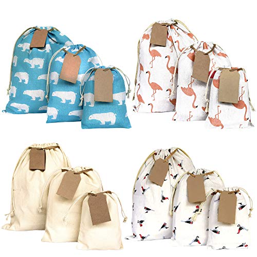 Creative Product 12 pcs Gift bags assorted sizes + 15 Gift tags and string. Drawstring gift bags. Multipurpose Fabric gift bags. Reusable - Colorful - Durable. 8th Ed.