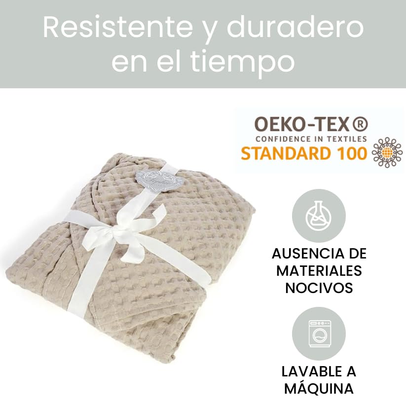 INTRECCI Albornoz 100% algodón de Rizo de Nido de Abeja en Color Liso con Capucha y cinturón - Bata de baño Unisex para Mujer y Hombre (L, Tórtola)