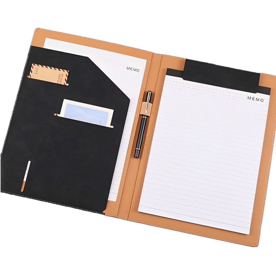 A4 PU Leather Conference Clipboard Multifunctional Business Document Clip Legal Pad Work Writing Folder Large Foldable File Organiser for Home School Office Use Black