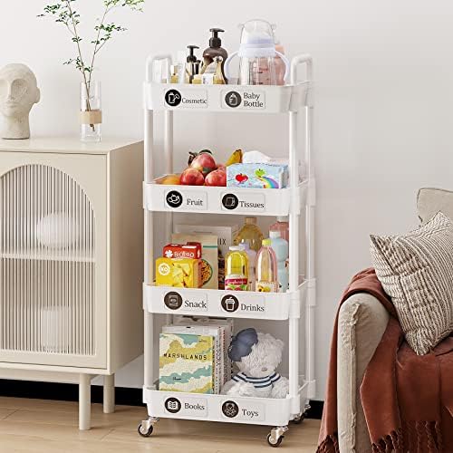 Dttwacoyh,4 Tier Utility Cart, Mobile Rolling Storage Trolley with Wheels, Shelf with Handle, Shelf for Kitchen, Bathroom, Office, Laundry, Makeup, White