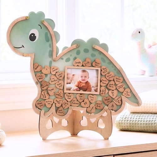 Image of The Real Bossy Baby Baby Memory Keepsake Frame Guestbook - Luxury Baby Shower & First Birthday Guest Book Alternative - Preserve Wishes, Messages & First Year Memories in a Beautiful Nursery Display - Dinosaur & One-A-Saurus Theme