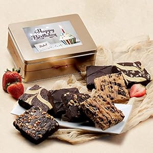 Dulcet Gift Baskets Happy Birthday Brownie- Chocolate Fudge Brownie Assortment Gift Tin Delicious, Fresh Baked Snacks Chocolate Cheese Walnut Fudge Chip Blondie for Men, Women, Friend, Grandmother, Students.
