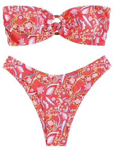 Image of ZAFUL Women's Bandeau Bikini O Ring Strapless Tie Back High Cut Two Piece Swimsuit Bathing Suits
