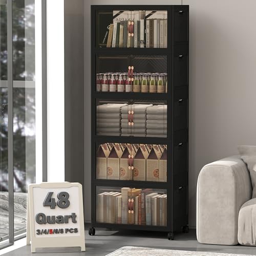 Image of UAMFURI 240QT Lockable Plastic Storage Bins, 5 Pack Collapsible Cabinets | Stackable Organizer with Doors & Wheels, Foldable Containers for Bedroom, Dorm, Office & Garage Storage