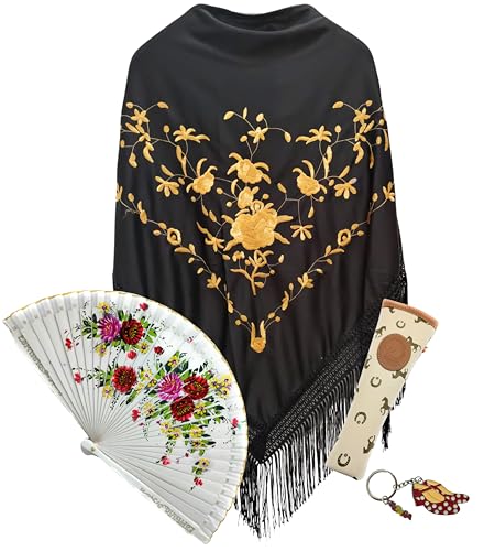 Planta Color Mantón Flores, Abanico de Madera con Flores pintadas a Mano, Funda Artesanal para Abanico Hecha en España y LLavero Estilo Flamenco (ND Blanco Surtido)