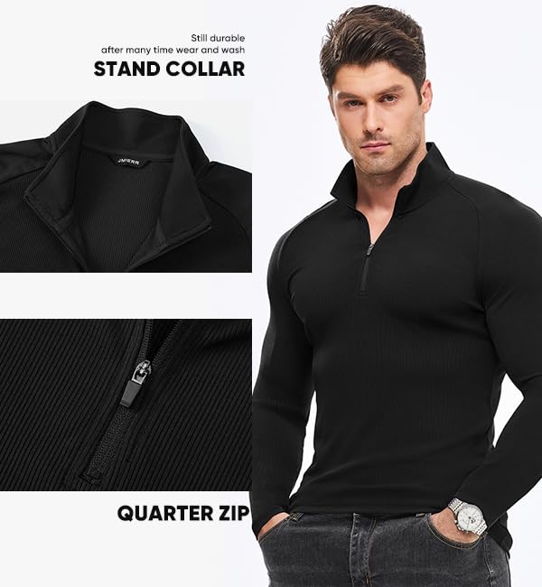 JMIERR Mens 1/4 Zip Casual T-Shirt Muscle Quick Dry Moisture Wicking Long Sleeve Ribbed Athletic Workout Tees4
