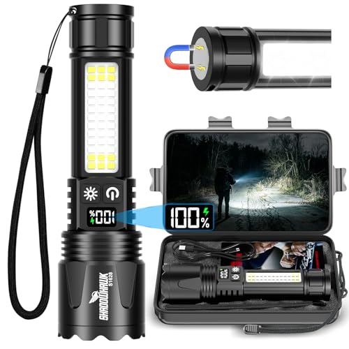 Shadowhawk Extrem Hell Taschenlampe Led Aufladbar Mit 7 Modi - Zwei Schalter Taktische Taschenlampe mit COB Arbeitsleucht USB C+A Flashlight für Camping/Outdoor/Notfälle N45 Magnet & LCD Display