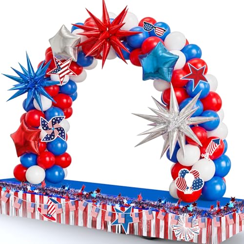 Soulchen 170 Pcs Memorial Day 250th Anniversary Parade Float Decor Kit Theme Balloons Garland Arch Kit with Fringe Curtains Tinsel Garland Decor for 4th of July Patriotic Indoor Outdoor Party