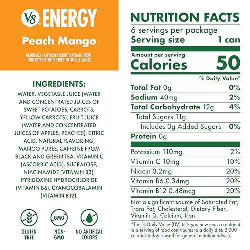 V8 Energy Peach Mango Energy Drink, 8 fl oz Can (6 Pack) - Thumbnail 2