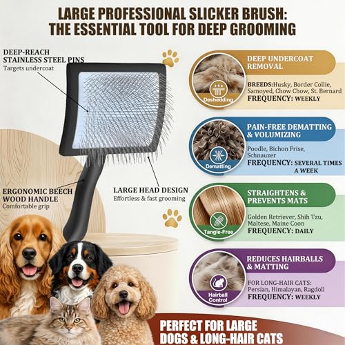 Image of Wooden Long Pin Slicker Brush for Dogs, Doodles, Poodles, Long Hair | Grooming, Detangling, and Fluffing for Wavy and Curly Hair-Designed for Heavy, Thick Coats to Prevent Matting at Home