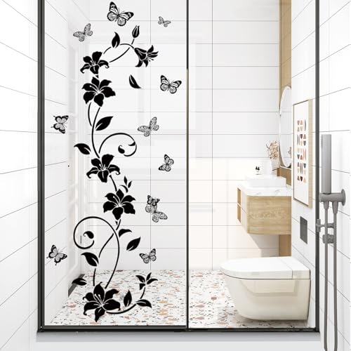 SHUCHING Stickers Muraux Fleurs Noires, Autocollant Décoratif Noir pour Salle de Bain Porte Salon Frigo