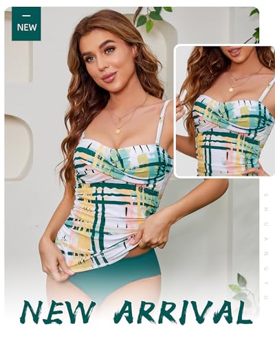 Shuangyu Women Vintage Tummy Control Two Piece Tankini Swimsuits Twist Front Bandeau Swimwear Bathing Suits White-Background Geometry M