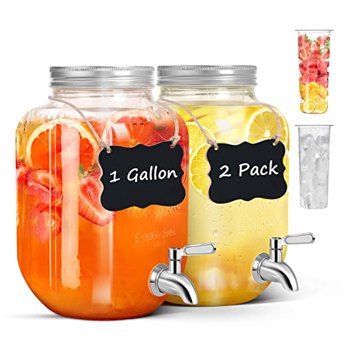 Drink Dispensers For Parties,2 Pack 1 Gallon Beverage Dispenser With Leak-Proof Stainless Steel Spigot Plus Ice Cylinder And Fruit Infuser,Mason Jar Glass Drink Dispenser For Water Sangria Lemonade #TOP6