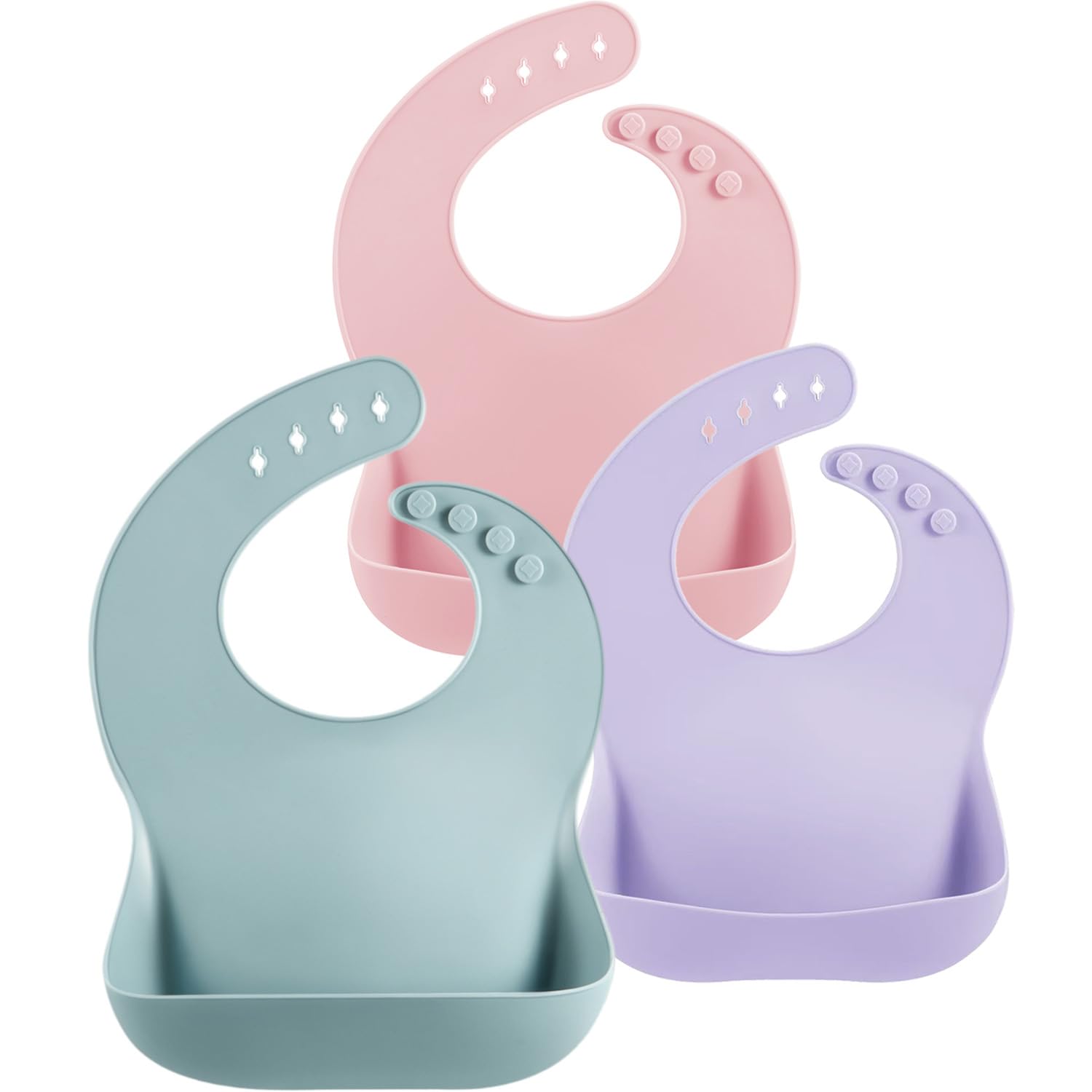 PandaEar 3 Pack Silicone Baby Bibs for Weaning – Waterproof Food Grade Soft Bibs with Deep Mess Catcher Pocket, Adjustable Neck Strap, Essential Feeding Supplies for Toddlers (Blue Pink Purple) — image 1