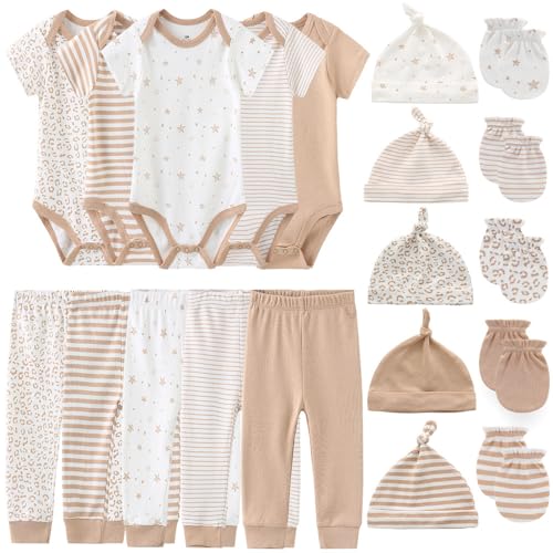 Kiddiezoom - Juego de ropa unisex para bebé recién nacido, 19 piezas, Caqui claro, 0-3 meses