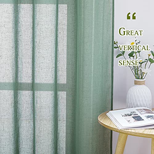 NICETOWN Linen Sheer Curtains Flax Textured for Living Room, Grommet Semi Sheer Vertical Drapes Privacy with Light Filter for Home Office/Farm House, W52 x L84, Olive Green, 1 Pair