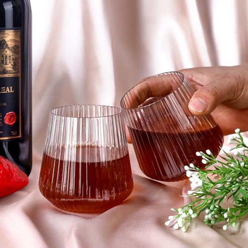 Image of Lueumxc 20 Pack Plastic Ribbed Wine Glasses, 14Oz Origami Disposable Wine Glasses Unbreakable Clear Plastic Cocktail Glasses Recyclable Shatterproof Reusable Wine Cups