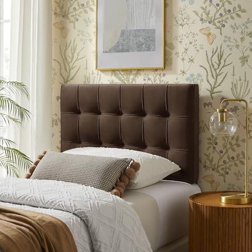 Image of Modway Lily Twin Size Stain-Resistant Performance Velvet Headboard in Chocolate Brown - Velvet Upholstery with Button Tufting and 4 Adjustable Height Positions