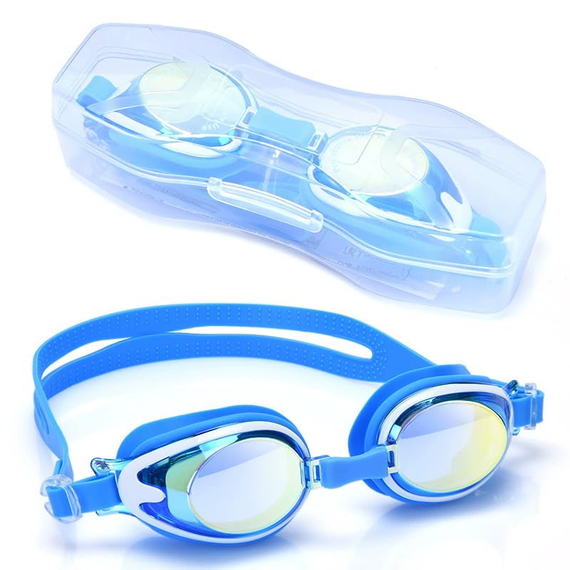 Secuinu Kids Swimming Goggles - Silicone Waterproof Goggles for Girls and Boys With Clear Lenses and Adjustable Shoulder Straps (Blue White)