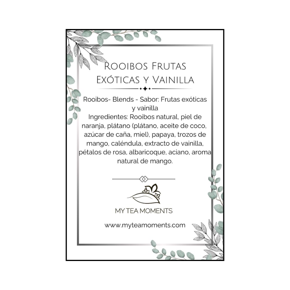 Rooibos de Frutas Exóticas y Vainilla a Granel 100 Gramos - Cultivo Sostenible - Ingredientes Naturales: Aciano, Albaricoque, Caléndula, Mango, Miel, Naranja, Papaya, Pimienta, Plátano, Vainilla.