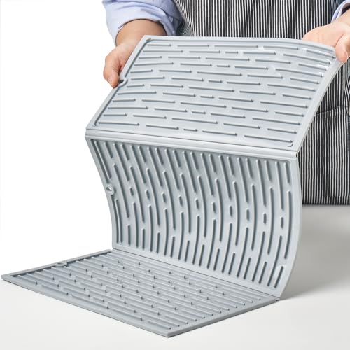 BTH Collapsible Trifold Dish Drying Mat for Kitchen Counter - Extra Large Dish Drainer Mat - Compact & Foldable Design - Durable Heat & Cold Resistant - Easy to Clean (Grey), 24
