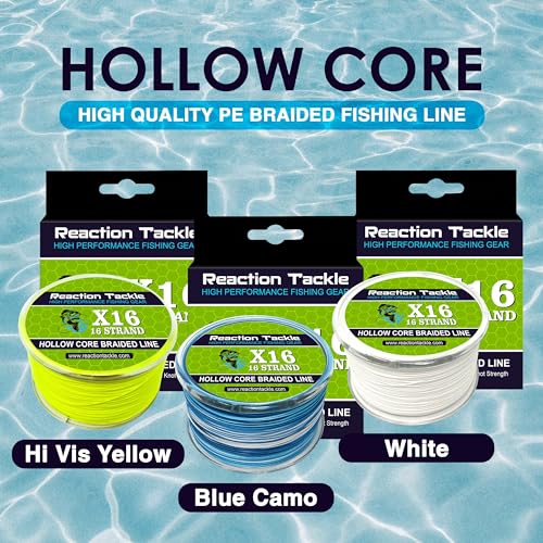 Image of Reaction Tackle Hollow Core Braided Fishing Line - 16 Strand Splice Ready Braid for Knotless Leader Connections, Freshwater and Saltwater Trolling and Offshore