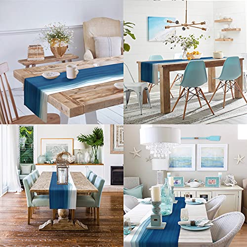 Blue White Table Runner, Non-Slip Dining Table Runners For Kitchen, Ombre Ocean Wave Coffee Table Runners Dresser Scarf For Living Room Garden Wedding Parties (13X70 Inches Long) #TOP2