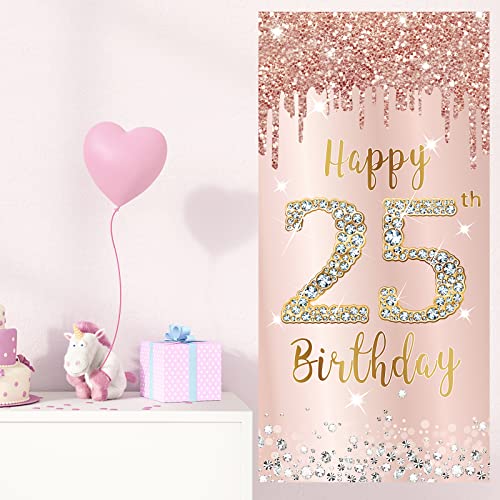 Image of 25th Birthday Door Banner Decorations for Women, Pink Rose Gold Happy 25 Birthday Backdrop Sign Party Supplies, Large 25 Year Old Birthday Poster Door Cover Decor