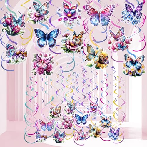36 Pcs Spring Butterfly Hanging Swirl Party Decoration,Spring Summer Butterfly Streamer Swirl Butterfly Hanging Ceiling Swirl Foil for Home Birthday Baby Shower Wedding Garden Tea Party
